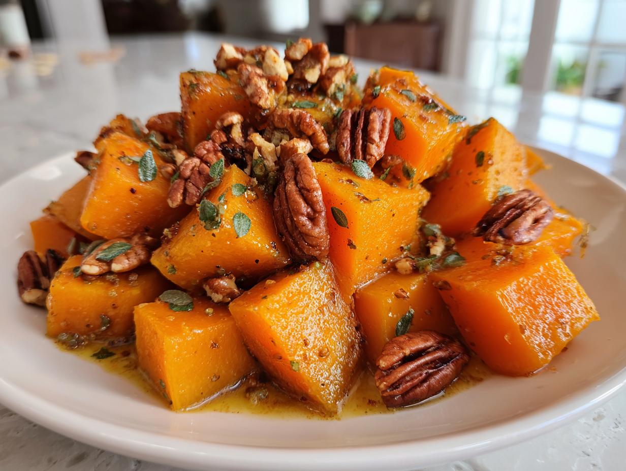 Close-up of bright orange, cubed braised butternut squash topped with pecans and fresh herbs.