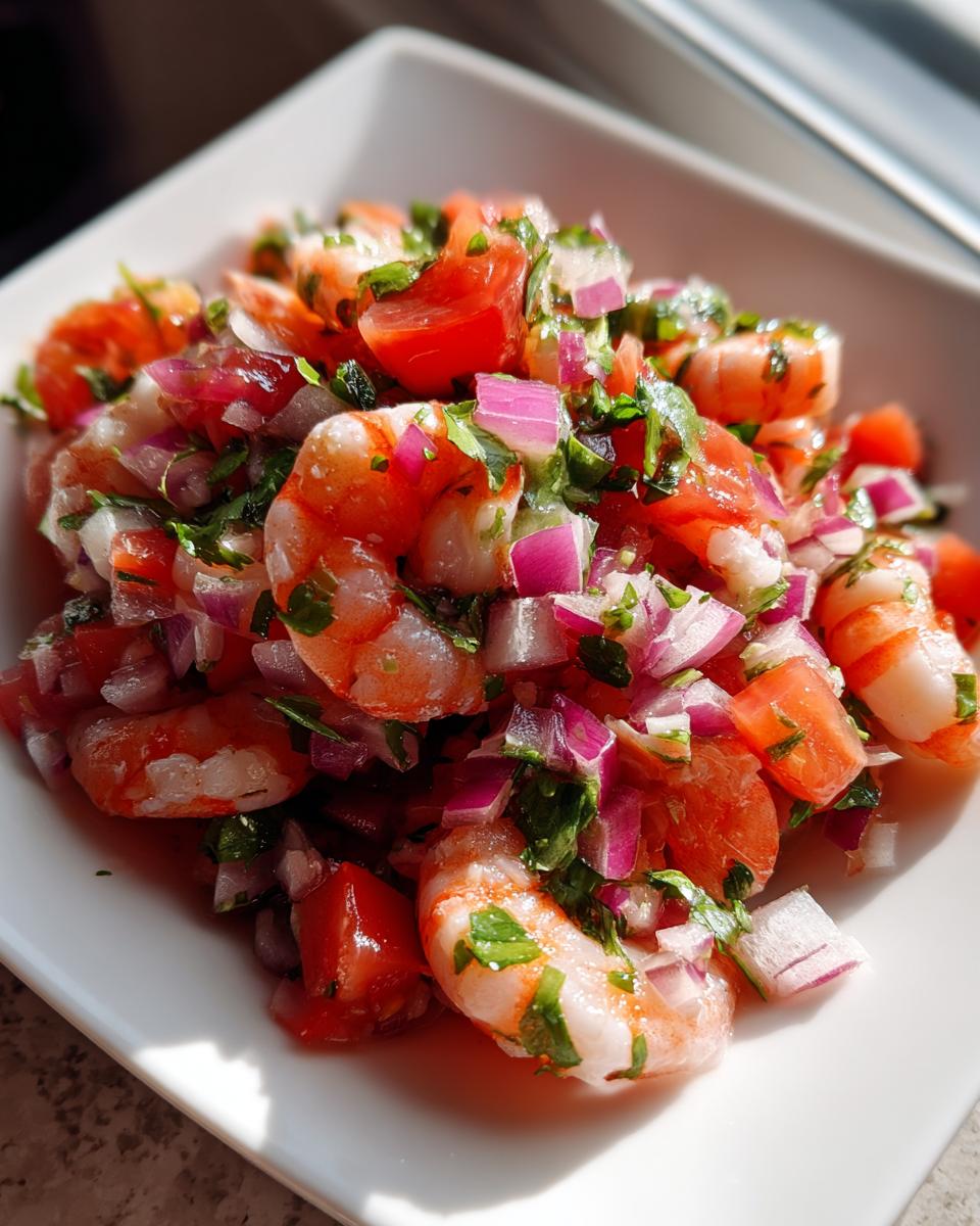 Close-up of fresh Shrimp Ceviche featuring plump shrimp, diced red onion, tomato, and cilantro in a white bowl.