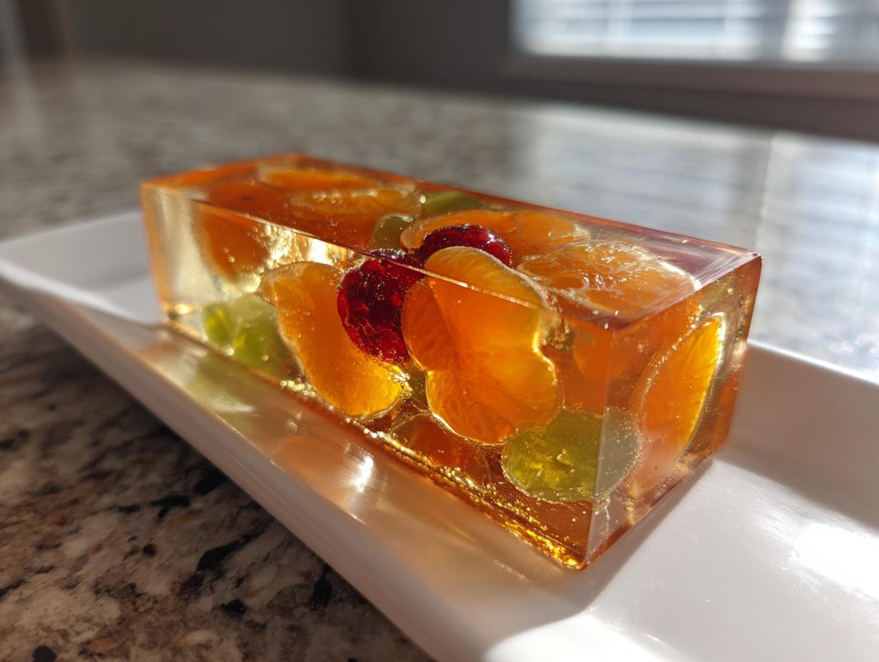 A rectangular slice of amber-colored Agar Agar Fruit Jelly filled with mandarin orange segments and grapes.