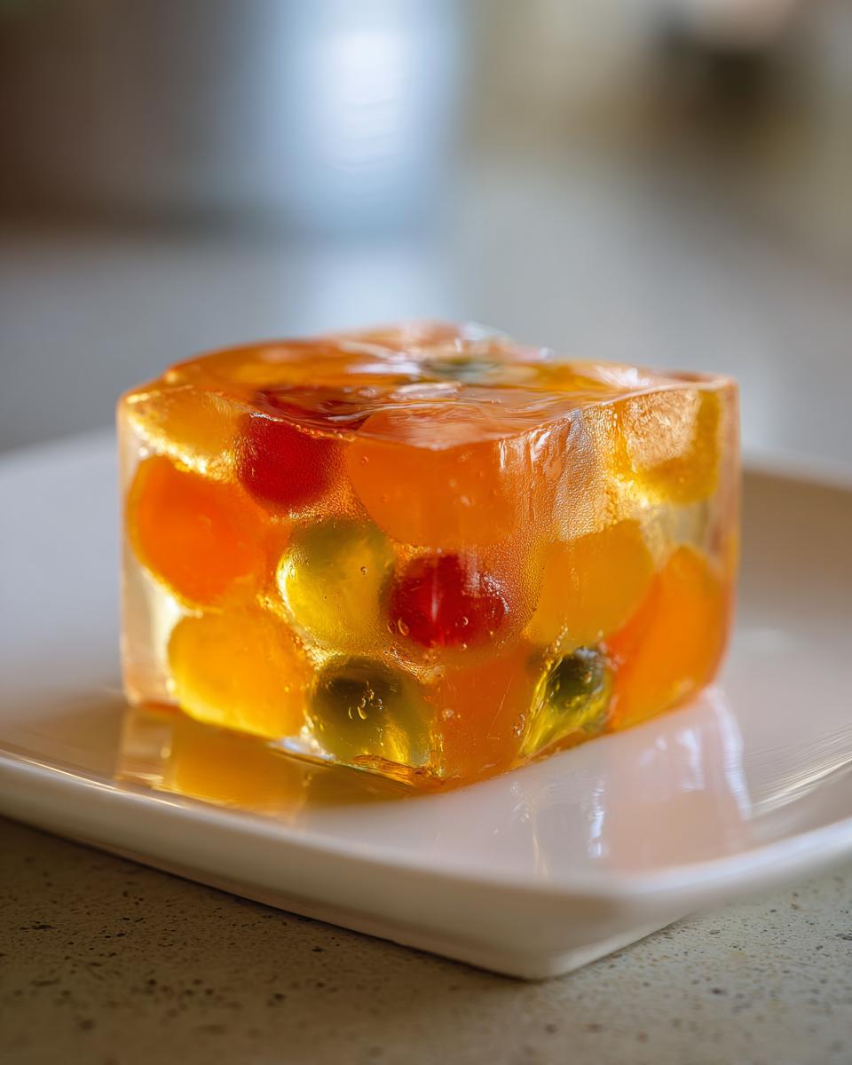 A single, clear cube of Agar Agar Fruit Jelly filled with colorful, suspended fruit pieces on a white plate.
