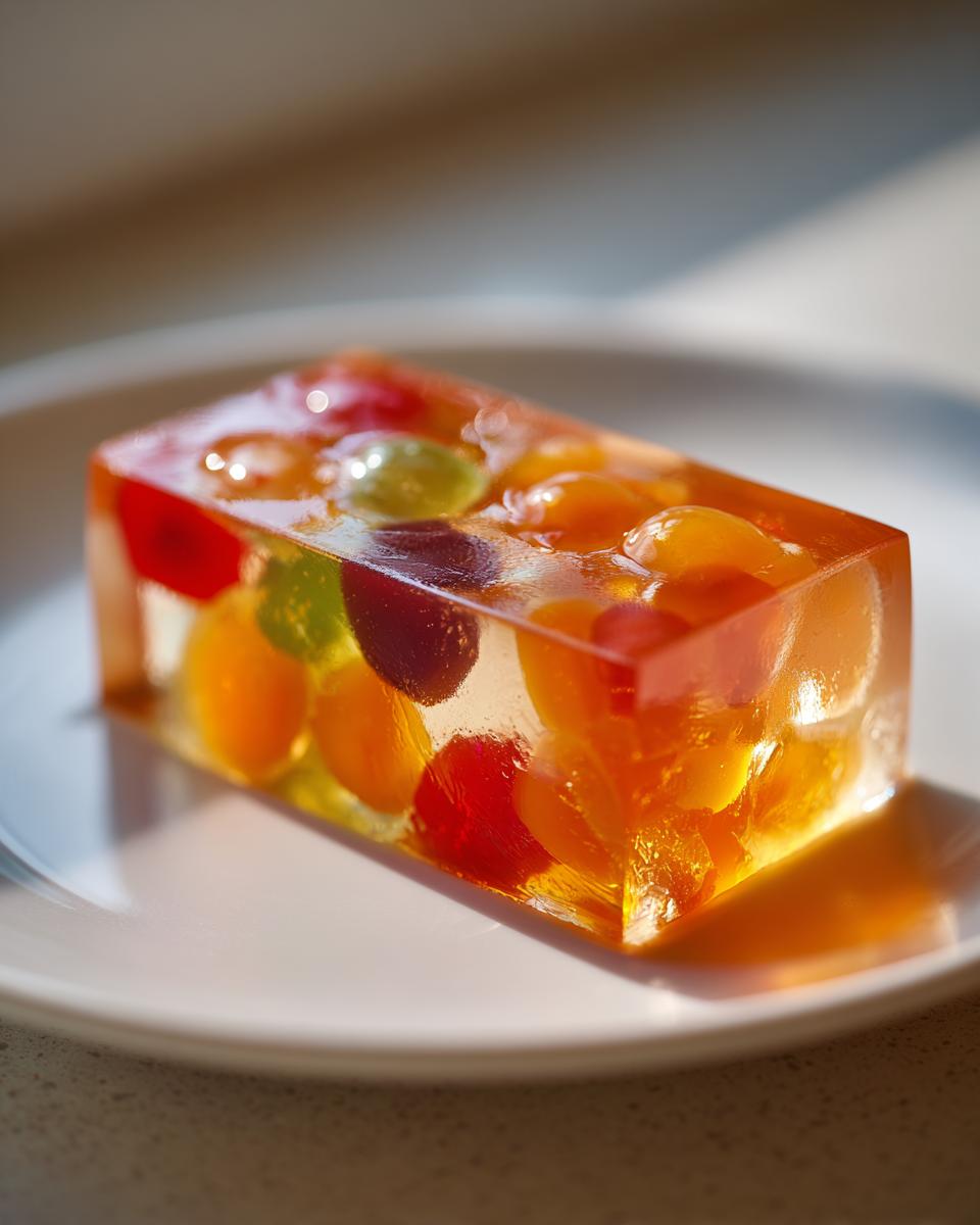 A rectangular slice of clear Agar Agar Fruit Jelly filled with colorful whole grapes and fruit pieces, sitting on a white plate.