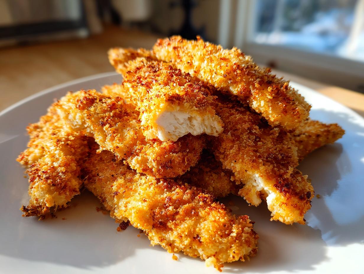 A pile of golden brown, crispy air fryer chicken tenders on a white plate, one tender is broken open showing the white meat inside.