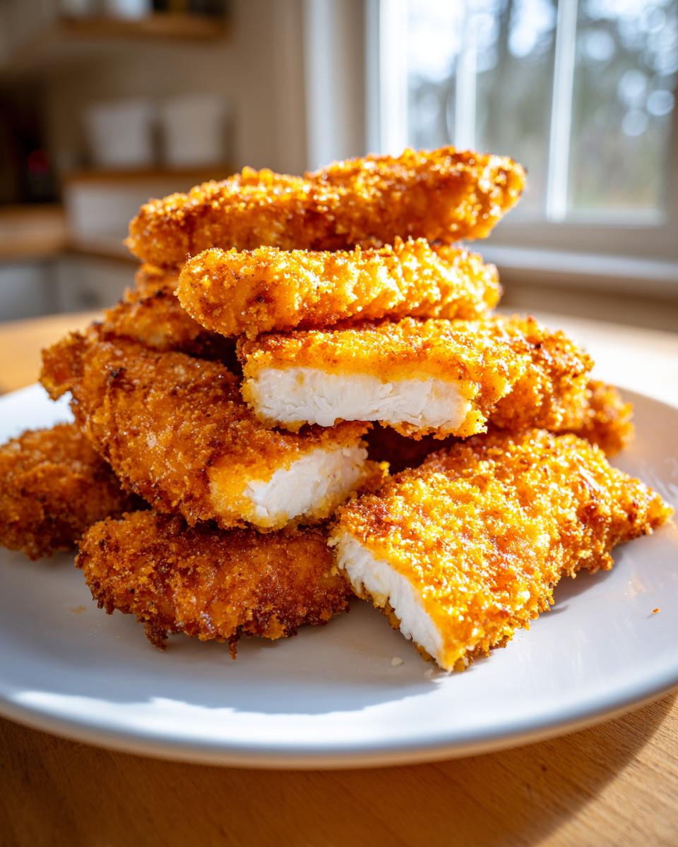 A stack of crispy, golden brown air fryer chicken tenders, with one cut in half showing the juicy white interior.