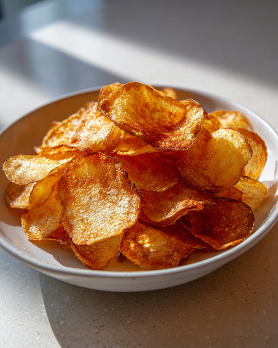 A close-up of a bowl overflowing with crispy, golden brown air fryer potato chips catching the sunlight.
