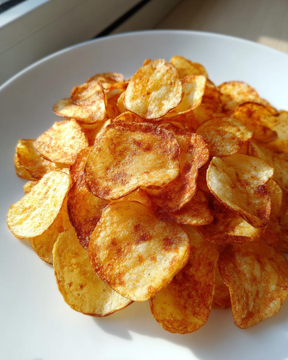 A close-up pile of golden, seasoned air fryer potato chips resting on a white plate, catching bright sunlight.