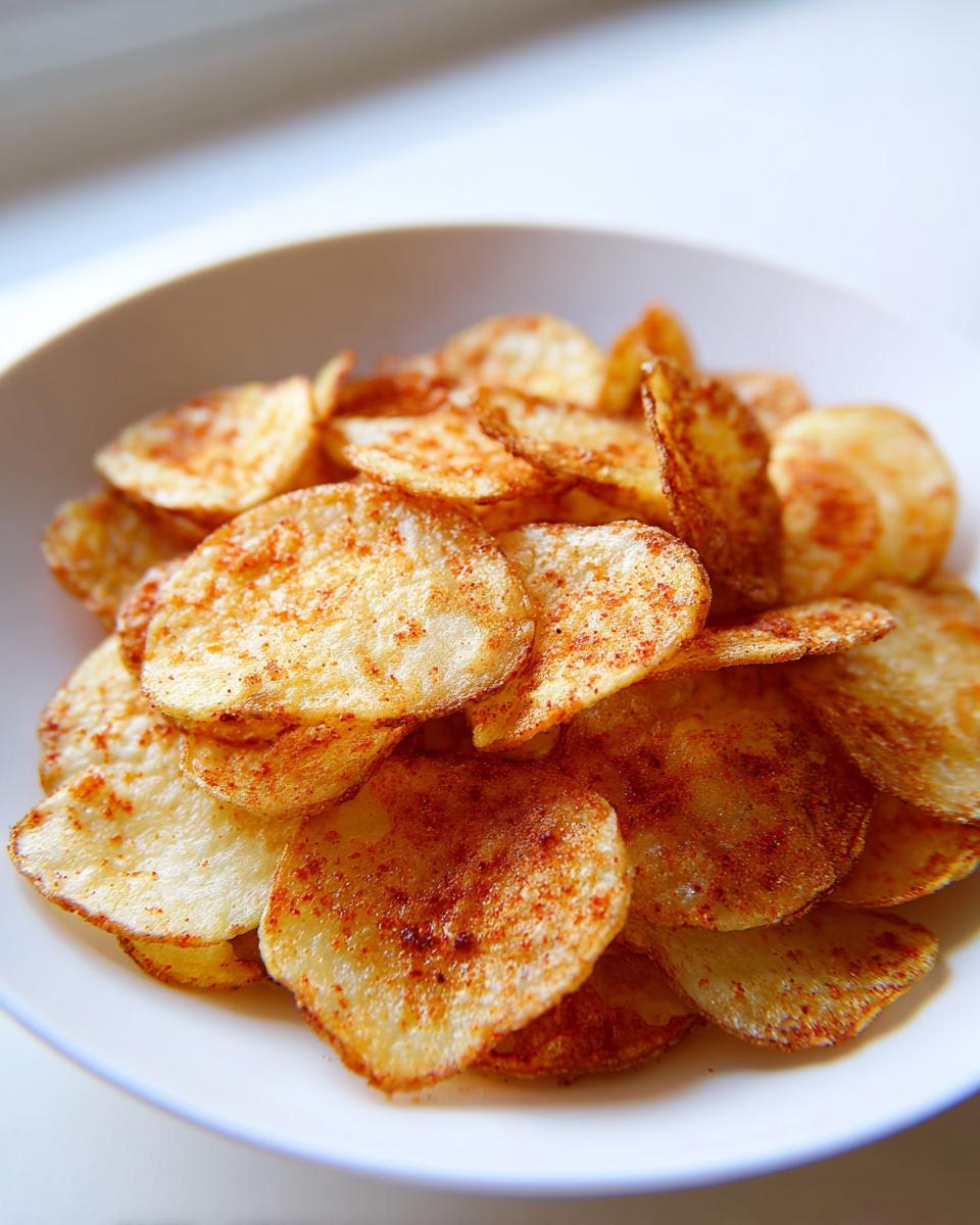 A close-up of golden, crispy air fryer potato chips seasoned with red spices piled high in a white bowl.
