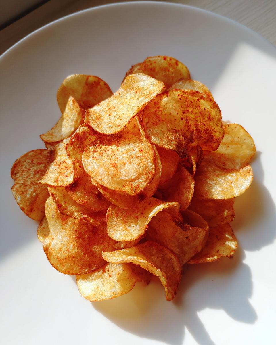 A pile of golden, seasoned air fryer potato chips sprinkled with paprika or chili powder, resting on a white plate.