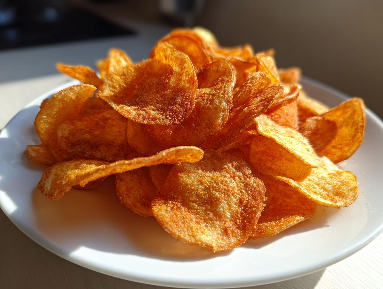 A close-up shot of a mound of crispy, seasoned air fryer potato chips piled high on a white plate.