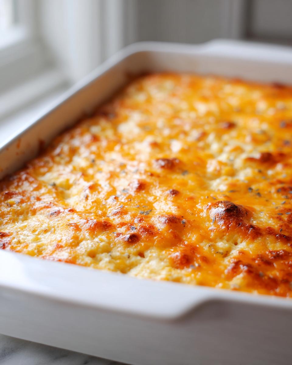 Close-up of a baked, bubbly, and golden-brown cheese topping on a hot corn dip in a white baking dish.