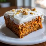 A close-up, appetizing shot of a single square of moist carrot cake bars topped with thick cream cheese frosting and chopped walnuts.