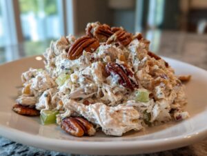 A mound of creamy chicken salad recipe topped generously with whole pecans and visible celery pieces on a white plate.