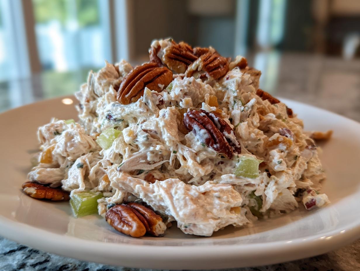 A mound of creamy chicken salad recipe topped generously with whole pecans and visible celery pieces on a white plate.
