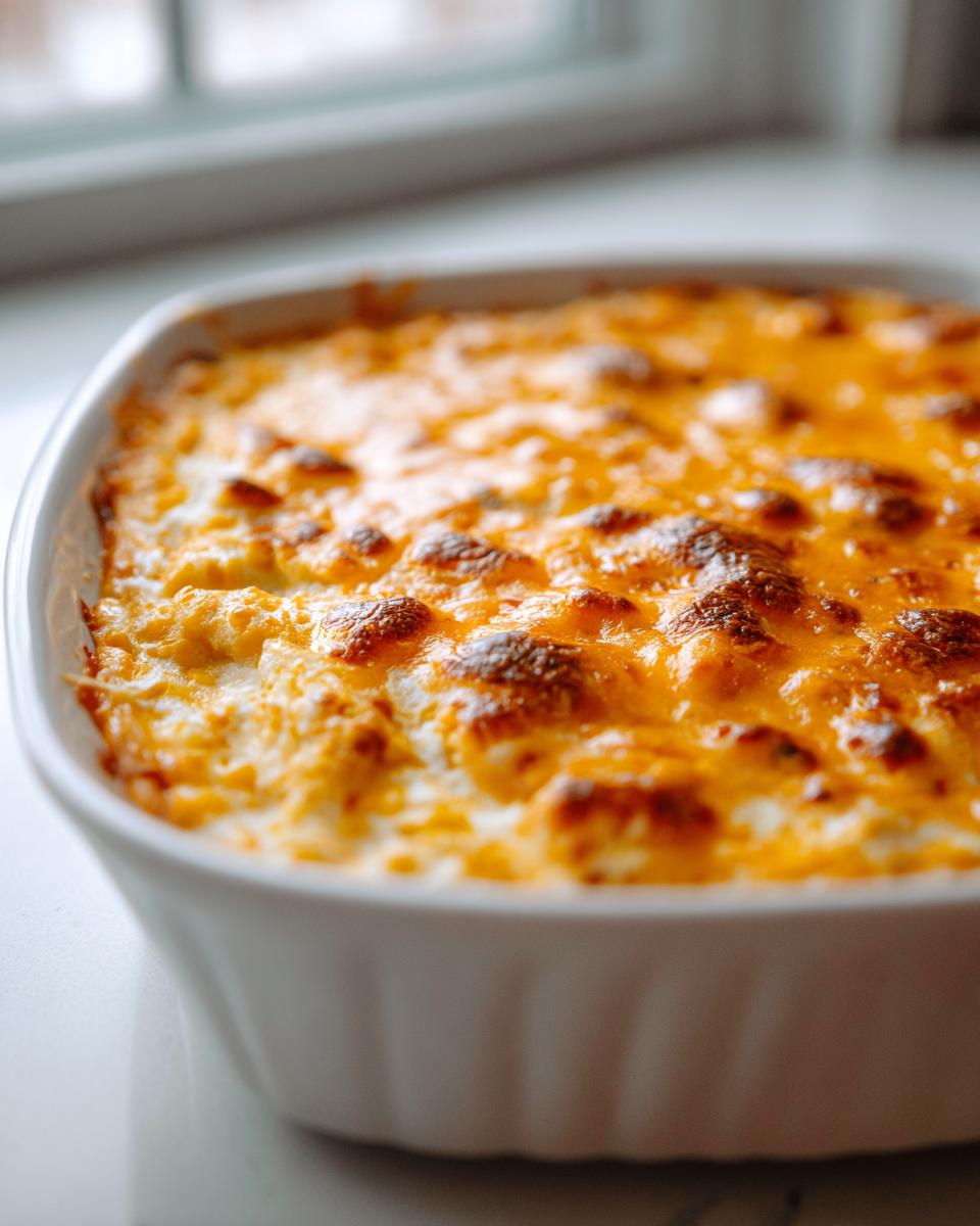 Close-up of a baked corn dip in a white casserole dish, featuring a bubbly, golden-brown melted cheese crust.
