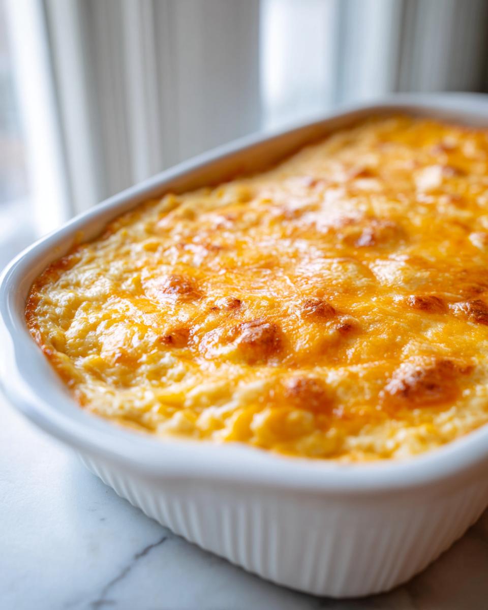 Close-up of a baked corn dip in a white casserole dish, featuring a bubbly, golden-brown cheese crust.