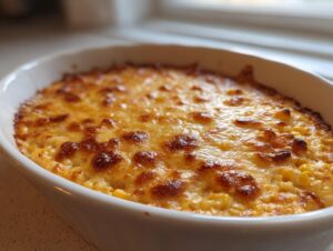 Close-up of a baked corn dip in a white oval dish, featuring a bubbly, golden-brown melted cheese crust.