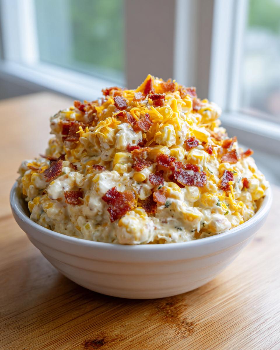 A large white bowl piled high with creamy crack corn salad, topped generously with shredded cheddar cheese and crispy bacon bits.
