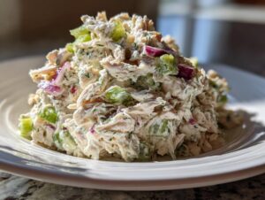 A generous mound of amazing dill pickle chicken salad featuring shredded chicken, celery, and red onion on a white plate.