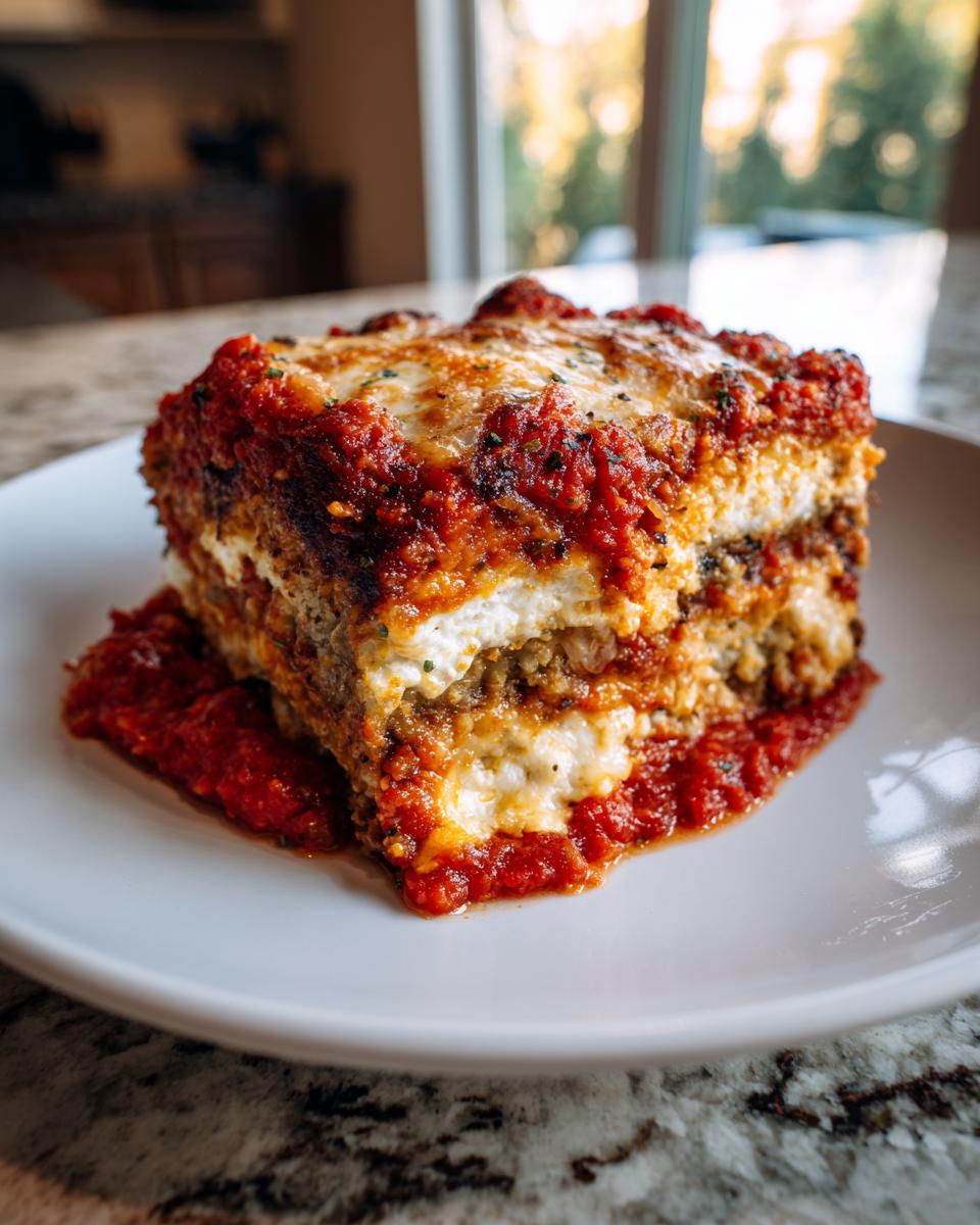 A tall, layered slice of baked Eggplant Parmesan covered in rich tomato sauce and melted cheese.