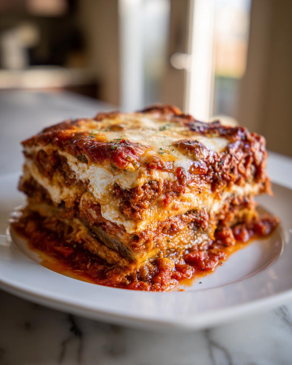 A tall, layered slice of baked Eggplant Parmesan covered in rich tomato sauce and melted cheese.