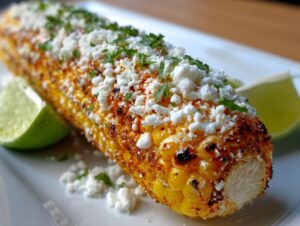 Close-up of grilled corn on the cob topped with crumbled white cheese and herbs, served as Elote Queso with lime wedges.