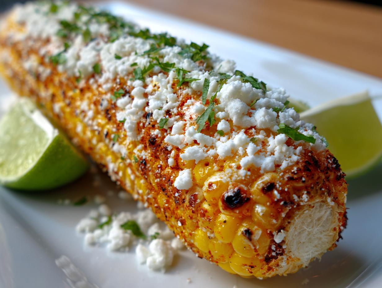 Close-up of grilled corn on the cob topped with crumbled white cheese and herbs, served as Elote Queso with lime wedges.