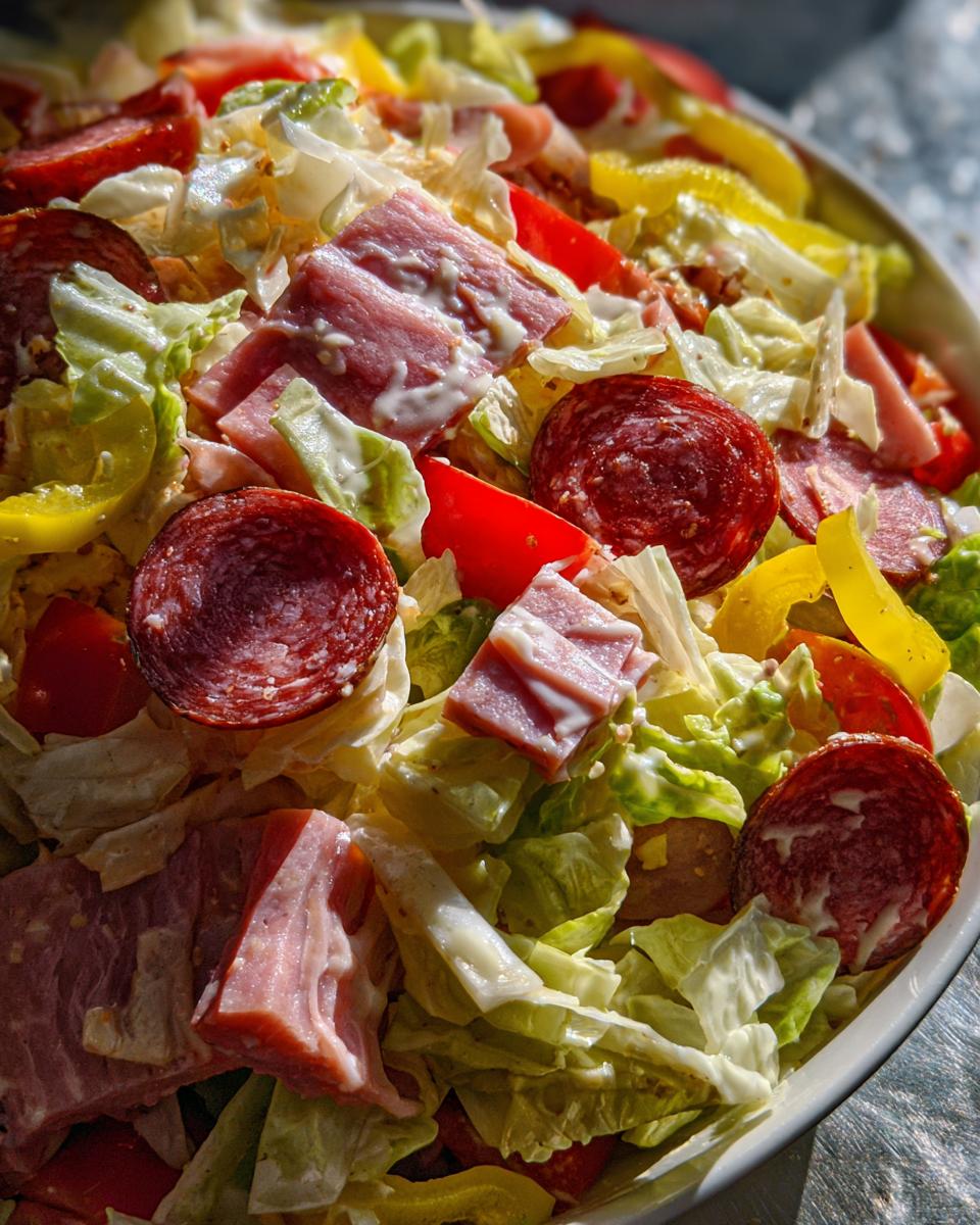 Close-up of a vibrant grinder salad featuring chopped lettuce, pepperoni, ham, tomatoes, banana peppers, and creamy dressing.