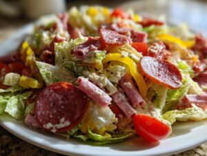 A close-up of a hearty grinder salad featuring lettuce, pepperoni, rolled deli meat, yellow peppers, and tomatoes with creamy dressing.