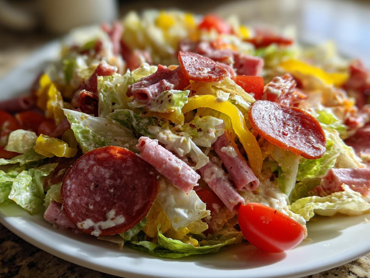 A close-up of a hearty grinder salad featuring lettuce, pepperoni, rolled deli meat, yellow peppers, and tomatoes with creamy dressing.