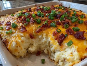 Close-up of a baked mashed potato casserole topped with melted cheddar cheese, crispy bacon bits, and fresh green onions.