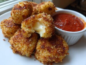 Golden brown, crispy parmesan mozzarella cheese bites served with a side of marinara sauce.