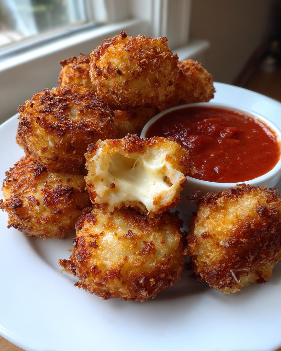 A plate of golden brown, crispy parmesan mozzarella cheese bites with one broken open showing melted cheese, served with marinara sauce.