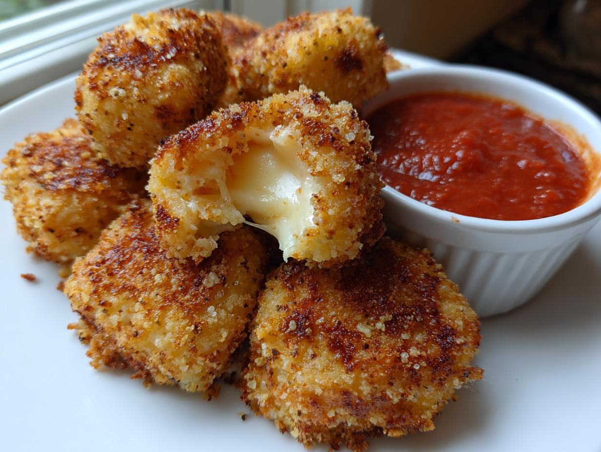 Golden brown, crispy parmesan mozzarella cheese bites served with a side of marinara sauce.