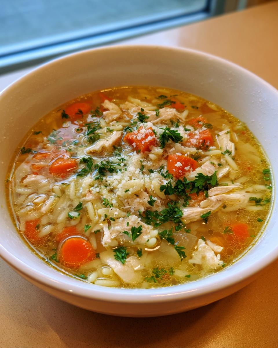 Close-up of a white bowl filled with amazing penicillin soup, featuring shredded chicken, carrots, orzo, and topped with Parmesan cheese and parsley.