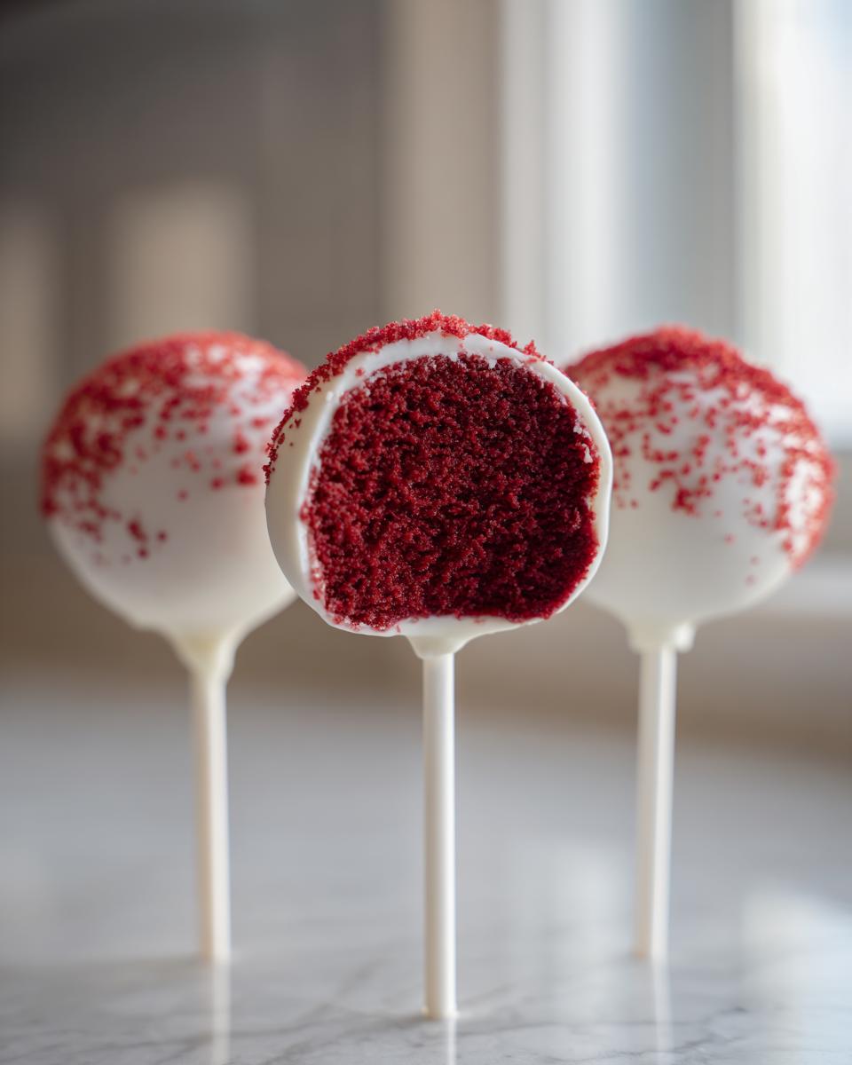 Three white-dipped red velvet cake pops, one cut open showing the rich red interior and red sprinkles.