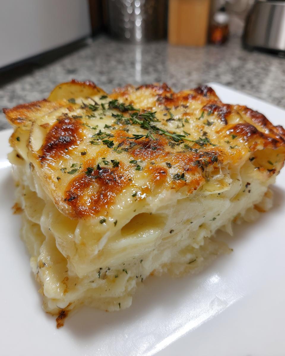 A thick, creamy slice of amazing scalloped potatoes with a golden brown, cheesy top sprinkled with herbs.