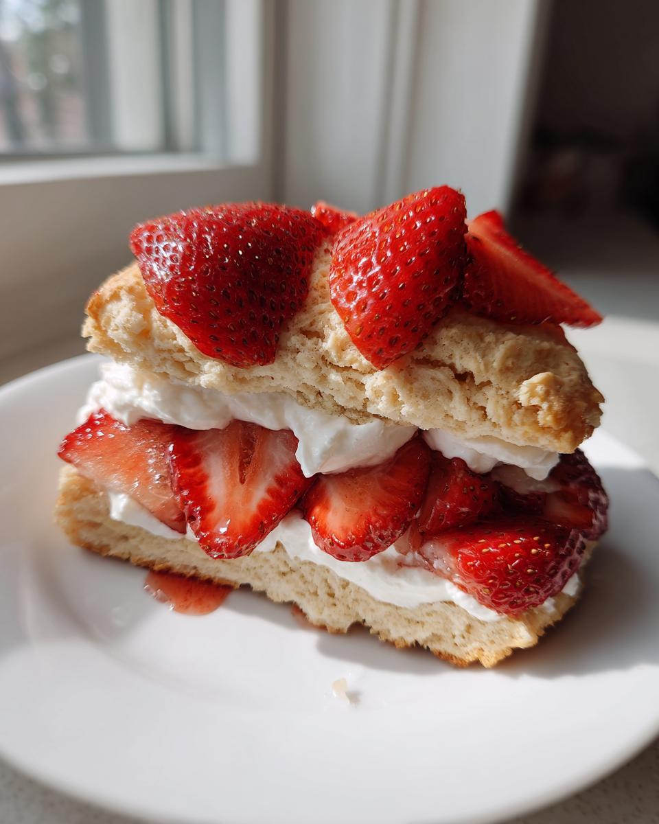 A tall, layered homemade shortcake filled with sliced strawberries and whipped cream, sitting on a white plate.
