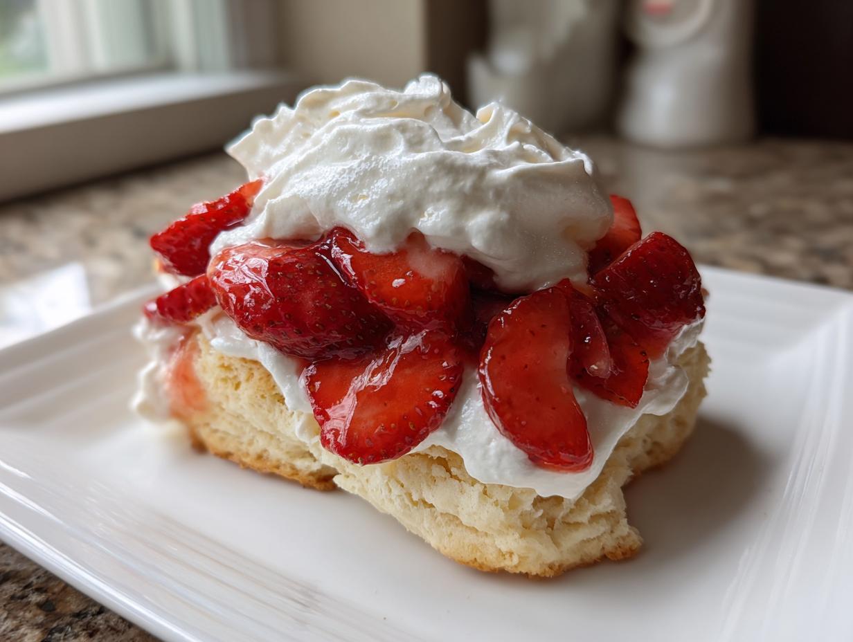 A close-up of a fluffy biscuit shortcake topped with macerated strawberries and whipped cream.