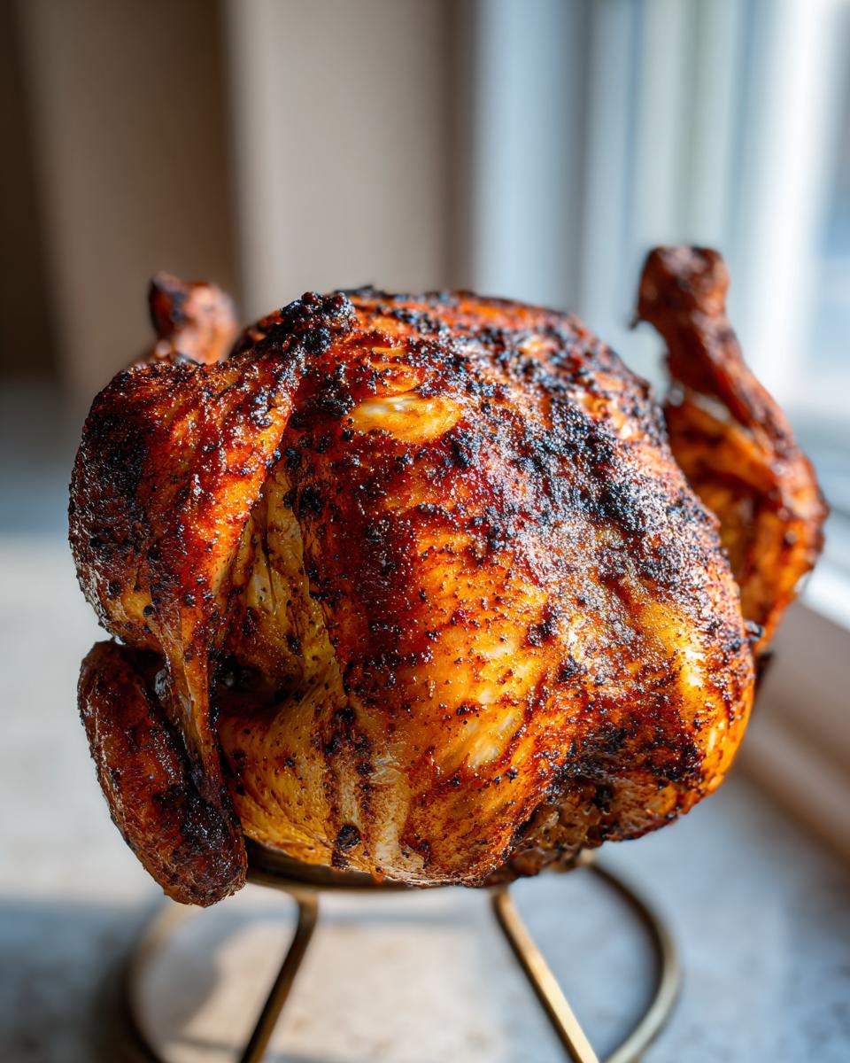 A whole, beautifully browned smoked beer can chicken sitting upright on a metal stand.