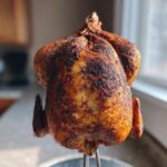 A whole, perfectly cooked smoked beer can chicken standing upright on a metal rack, featuring crispy, seasoned skin.