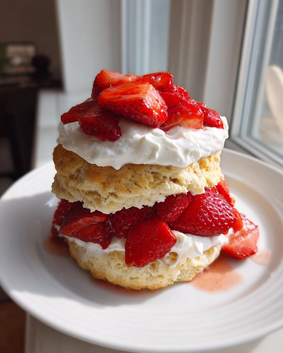 A delicious, tall strawberry shortcake layered with biscuit, whipped cream, and macerated strawberries, sitting on a white plate.