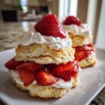 A close-up of a delicious strawberry shortcake stack with fresh whipped cream and macerated strawberries.