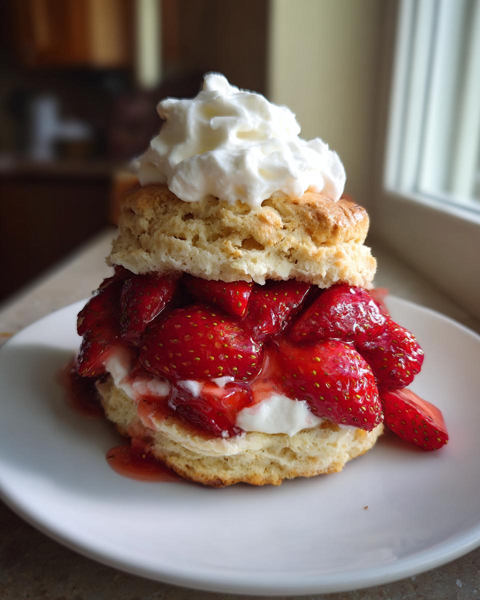 A delicious, homemade shortcake stacked with macerated strawberries and topped with whipped cream.