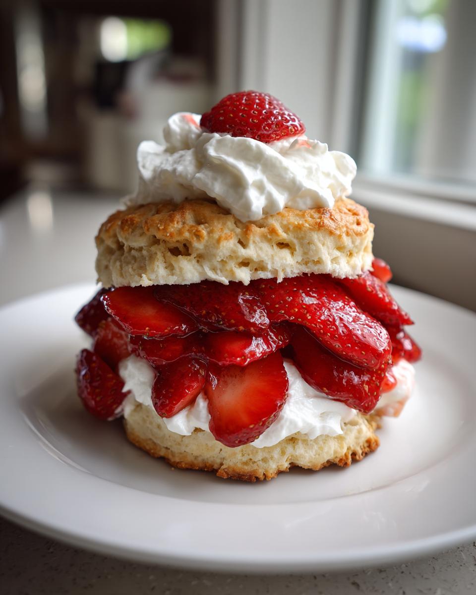 A tall, delicious strawberry shortcake featuring biscuit layers, macerated strawberries, and whipped cream, ready to eat.