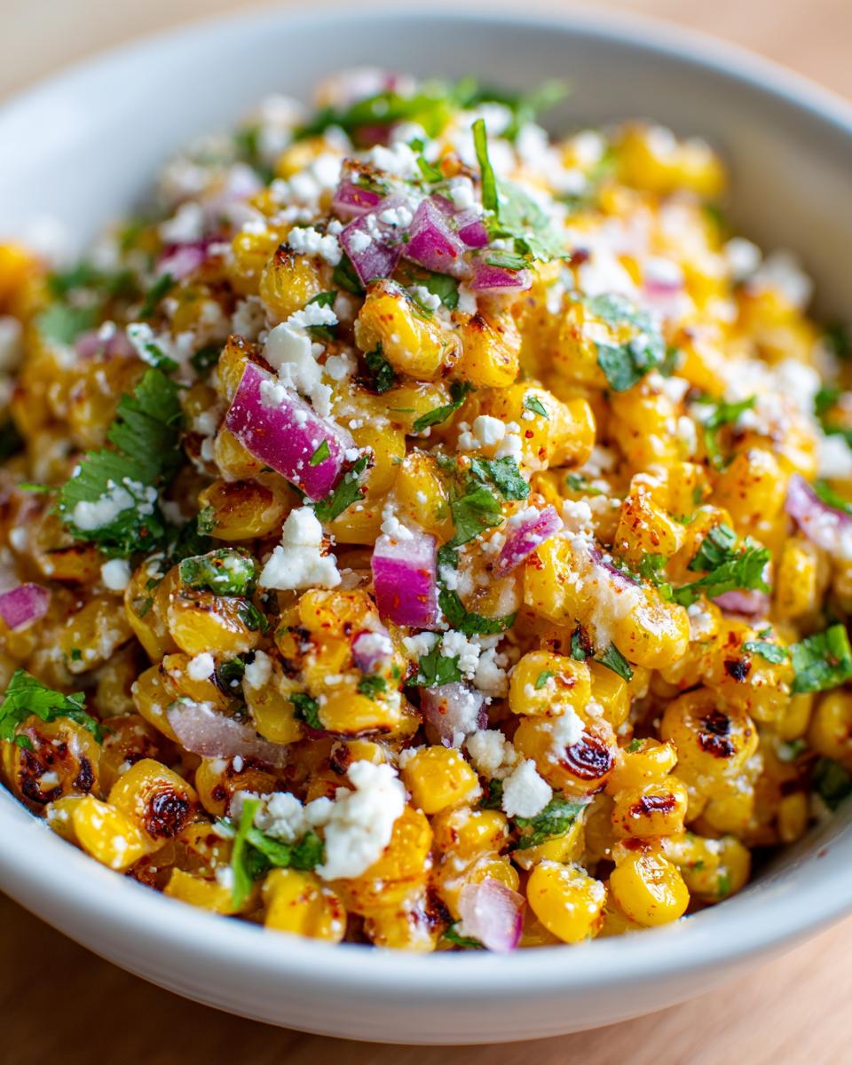 Close-up of vibrant street corn salad featuring charred corn kernels, crumbled white cheese, diced red onion, and cilantro.