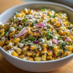 A close-up view of vibrant street corn salad featuring charred corn kernels, cotija cheese crumbles, red onion slices, and cilantro.