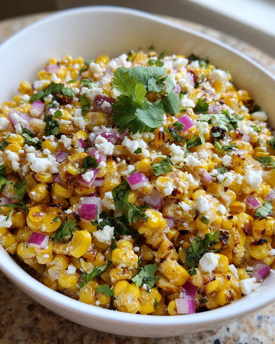 Close-up of vibrant street corn salad featuring charred corn, crumbled white cheese, diced red onion, and fresh cilantro.