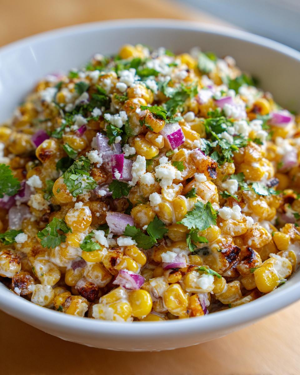 A close-up view of a vibrant street corn salad featuring charred corn kernels, red onion, cotija cheese, and cilantro.