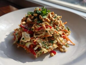 A serving of amazing thai chicken salad, featuring shredded vegetables, chicken, and a creamy dressing, topped with chopped peanuts and cilantro.