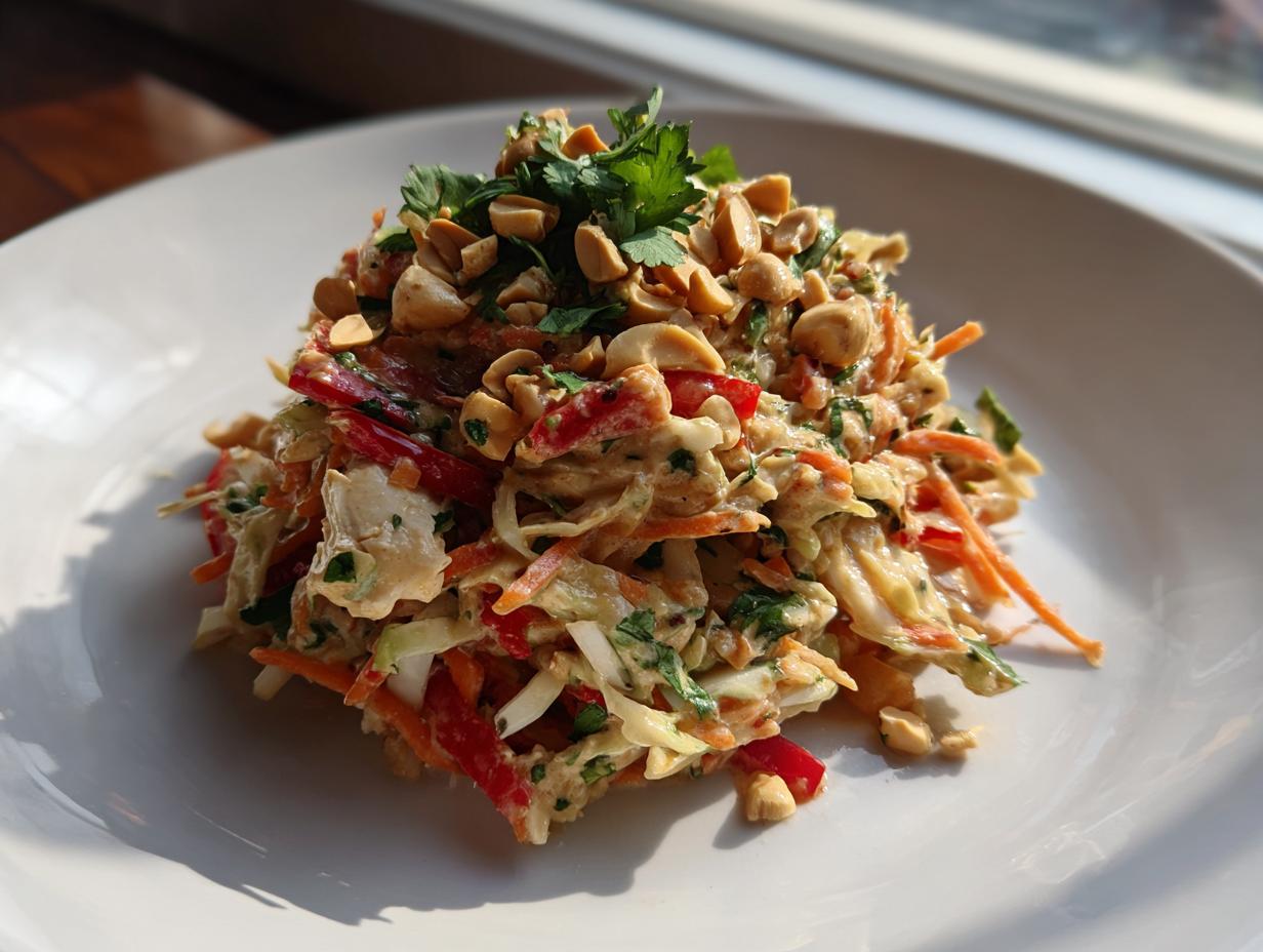 A serving of amazing thai chicken salad, featuring shredded vegetables, chicken, and a creamy dressing, topped with chopped peanuts and cilantro.