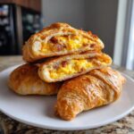 A stack of golden brown bacon egg & cheese crescent rolls, with two cut in half showing cheesy scrambled eggs and bacon filling.